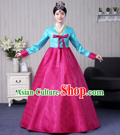 Traditional Korean Palace Costumes Asian Korean Hanbok Bride Blue Blouse and Rosy Skirt for Women