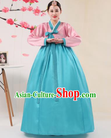 Korean Traditional Palace Costumes Asian Korean Hanbok Bride Pink Blouse and Blue Skirt for Women