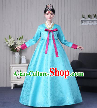 Traditional Korean Palace Costumes Asian Korean Hanbok Blue Blouse and Skirt for Women