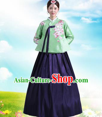 Traditional Korean Costumes Asian Korean Palace Hanbok Green Blouse and Navy Skirt for Women