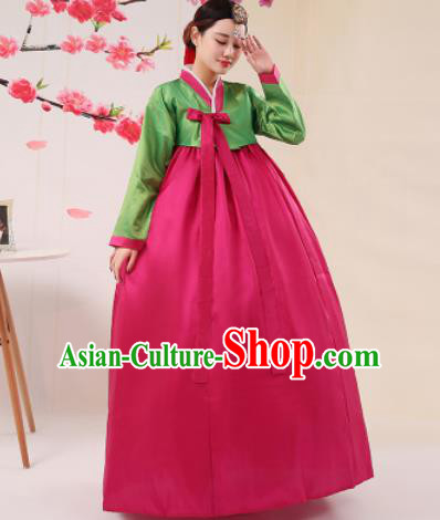 Korean Traditional Palace Costumes Asian Korean Hanbok Bride Green Blouse and Rosy Skirt for Women