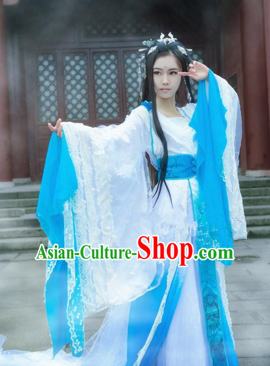 Chinese Ancient Cosplay Peri Swordswoman Blue Hanfu Dress Traditional Han Dynasty Princess Costume for Women