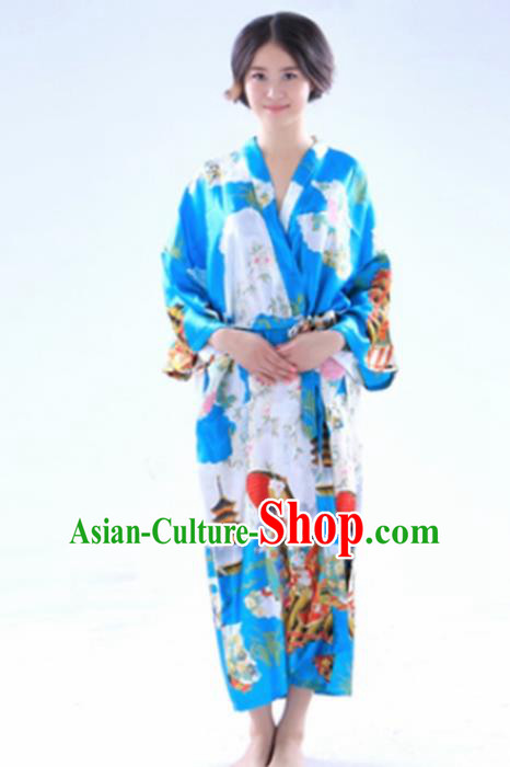 Traditional Japanese Costumes Asian Japan Kimono Printing Blue Yukata for Women