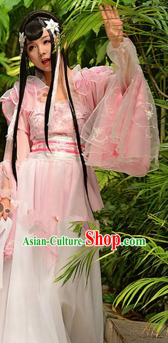 Chinese Ancient Cosplay Peri Pink Hanfu Dress Traditional Tang Dynasty Swordswoman Costume for Women