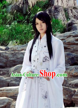 Chinese Ancient Swordsman White Hanfu Han Dynasty Nobility Childe Costume for Men