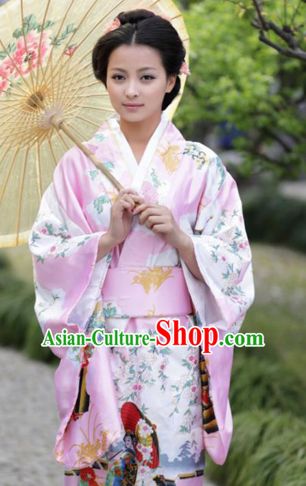 Traditional Japanese Costumes Asian Japan Kimono Printing Pink Furisode Yukata for Women