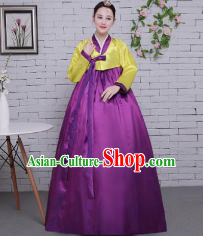 Korean Traditional Palace Costumes Asian Korean Hanbok Bride Yellow Blouse and Purple Skirt for Women