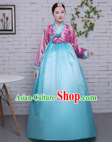 Korean Traditional Palace Costumes Asian Korean Hanbok Bride Pink Blouse and Blue Skirt for Women