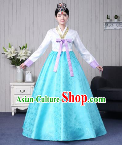 Traditional Korean Palace Costumes Asian Korean Hanbok Bride White Blouse and Blue Skirt for Women