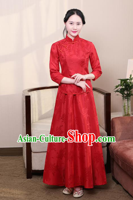 Chinese Ancient Nobility Lady Costumes Traditional Embroidered Red Qipao Blouse and Skirt for Women