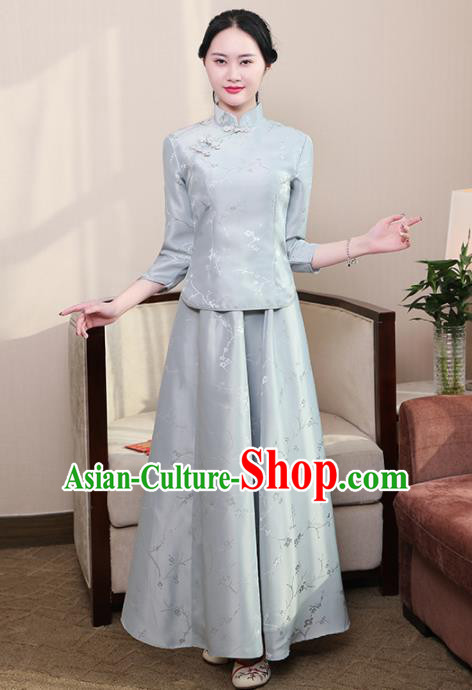 Chinese Ancient Nobility Lady Costumes Traditional Embroidered Grey Qipao Blouse and Skirt for Women