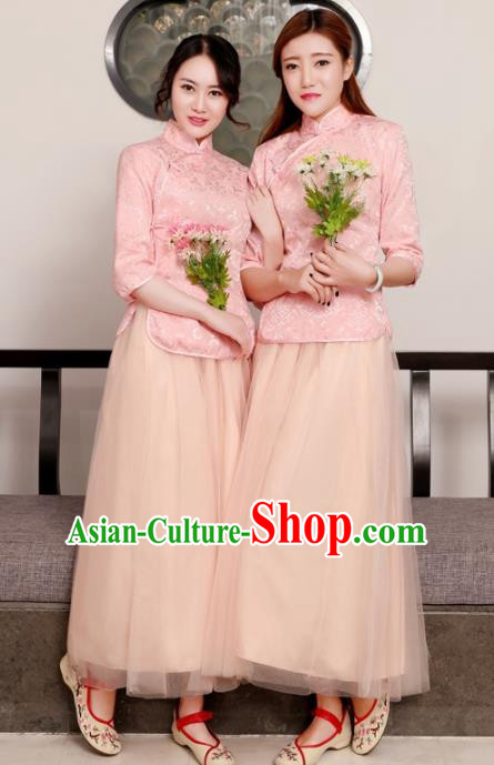Chinese Ancient Bridesmaid Costumes Traditional Embroidered Pink Qipao Blouse and Skirt for Women