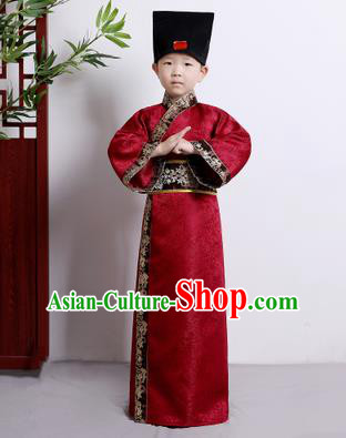 Chinese Ancient Scholar Costumes Traditional Red Robe for Kids