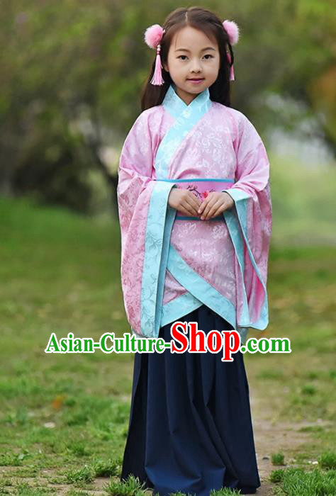 Chinese Ancient Han Dynasty Princess Costumes Traditional Pink Curving-Front Robe for Kids