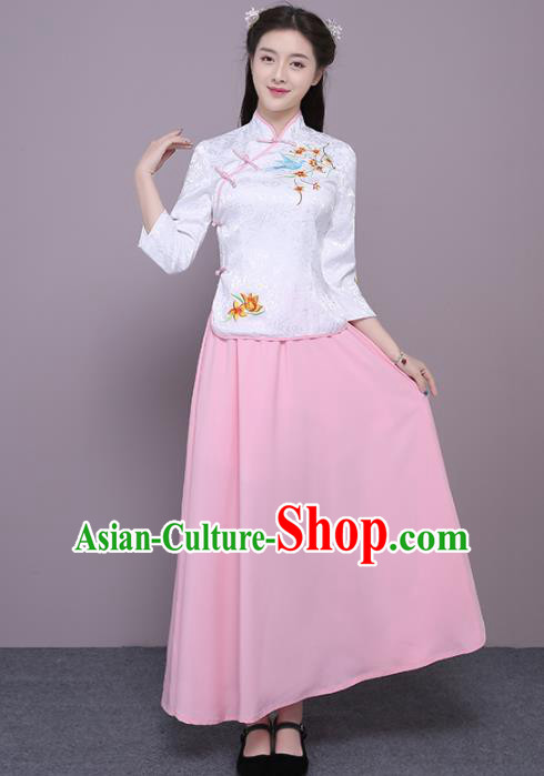 Chinese Ancient Bridesmaid Costumes Traditional Embroidered White Qipao Blouse and Pink Skirt for Women