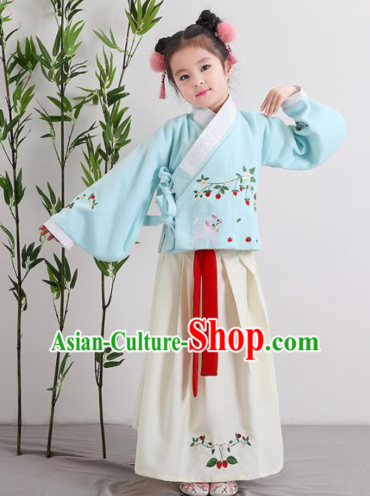 Chinese Ancient Ming Dynasty Children Costumes Traditional Blue Blouse and Beige Skirt for Kids