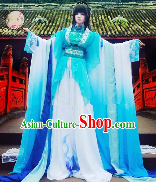 Chinese Ancient Cosplay Peri Goddess Blue Hanfu Dress Traditional Tang Dynasty Princess Costume for Women