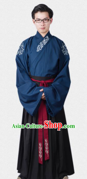 Chinese Ancient Traditional Ming Dynasty Scholar Blue Costumes Complete Set for Men