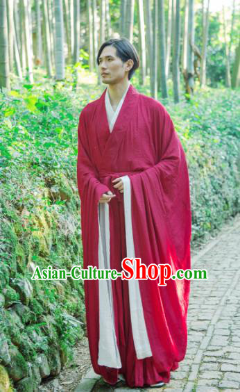 Chinese Ancient Traditional Jin Dynasty Scholar Swordsman Hermit Red Costumes for Men