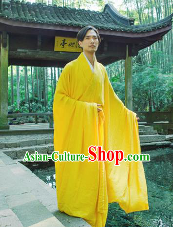 Chinese Ancient Traditional Jin Dynasty Scholar Swordsman Hermit Yellow Costumes for Men