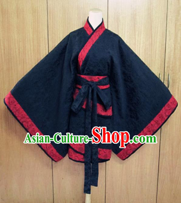 Traditional Chinese Han Dynasty Costume Ancient Princess Navy Curving-Front Robe for Women