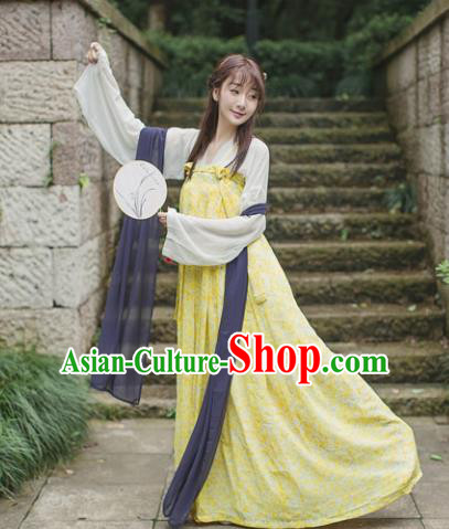 Traditional Chinese Tang Dynasty Maidenform Costume Ancient Princess Yellow Hanfu Dress for Women