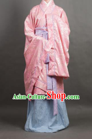 Traditional Chinese Han Dynasty Dowager Costume Ancient Pink Curving-Front Robe for Women
