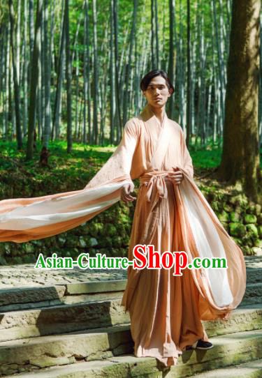 Chinese Ancient Traditional Han Dynasty Orange Wide Sleeve Robe Scholar Swordsman Costumes for Men