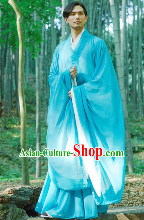 Chinese Ancient Traditional Han Dynasty Blue Wide Sleeve Robe Scholar Swordsman Costumes for Men