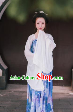 Traditional Chinese Tang Dynasty Imperial Consort Costume Ancient Maidenform Blue Hanfu Dress for Women