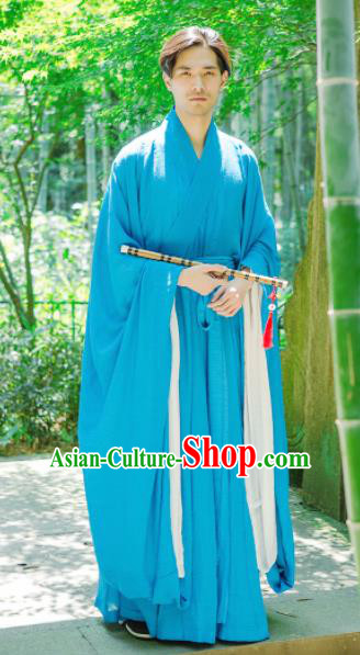 Chinese Ancient Traditional Jin Dynasty Blue Wide Sleeve Robe Scholar Swordsman Costumes for Men