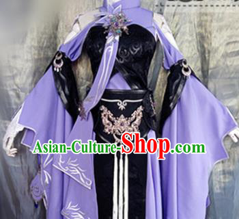 Asian Chinese Cosplay Peri Costume Ancient Swordswoman Purple Dress for Women