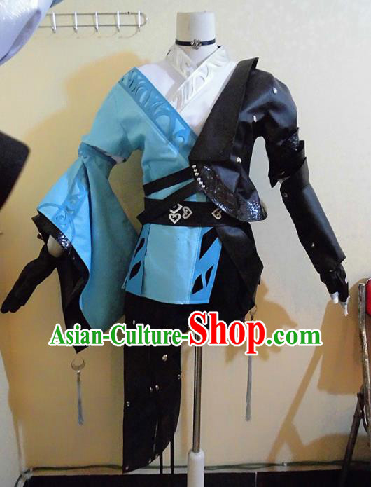 Asian Chinese Cosplay Female Swordsman Blue Costume Ancient Young Lady Clothing for Women