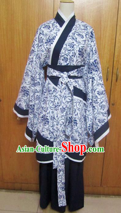 Traditional Chinese Han Dynasty Dance Blue Curving-Front Robe Ancient Princess Costume for Women