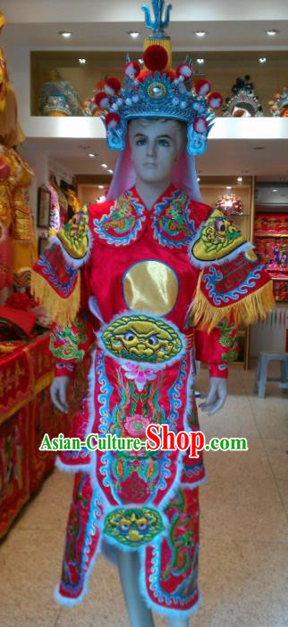 Traditional Chinese Beijing Opera Takefu Costume General Embroidered Red Clothing and Hat for Men