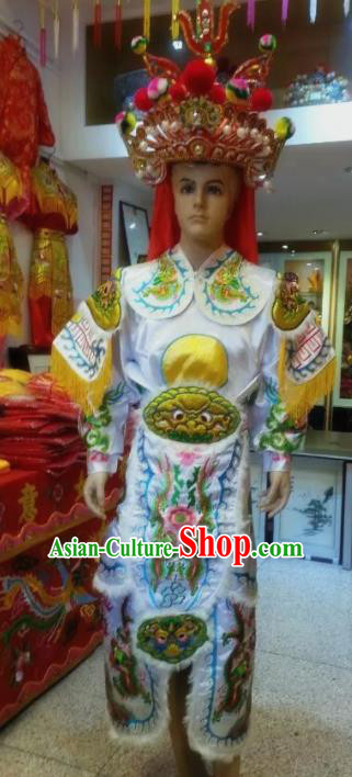 Traditional Chinese Beijing Opera Takefu Costume General Embroidered White Clothing and Hat for Men