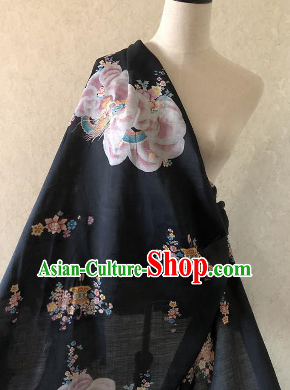 Asian Chinese Traditional Fabric Classical Printing Peony Pattern Black Brocade Cheongsam Cloth Silk Fabric