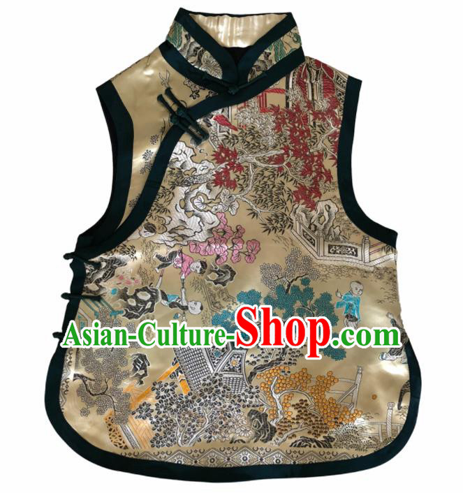 Traditional Chinese Handmade Embroidered Costume Tang Suit Slant Opening Golden Vest for Women