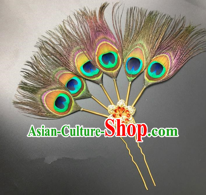 Traditional Chinese Bride Hair Accessories Peacock Feather Hairpins for Women