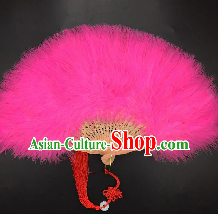 Traditional Chinese Crafts Rosy Feather Folding Fan China Folk Dance Feather Fans