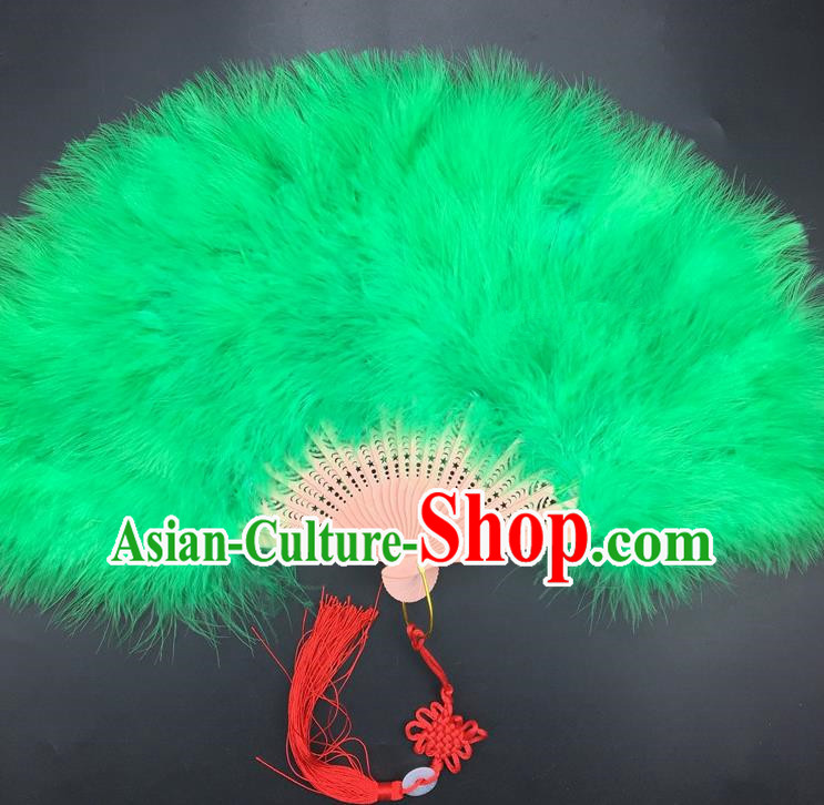 Traditional Chinese Crafts Green Feather Folding Fan China Folk Dance Feather Fans