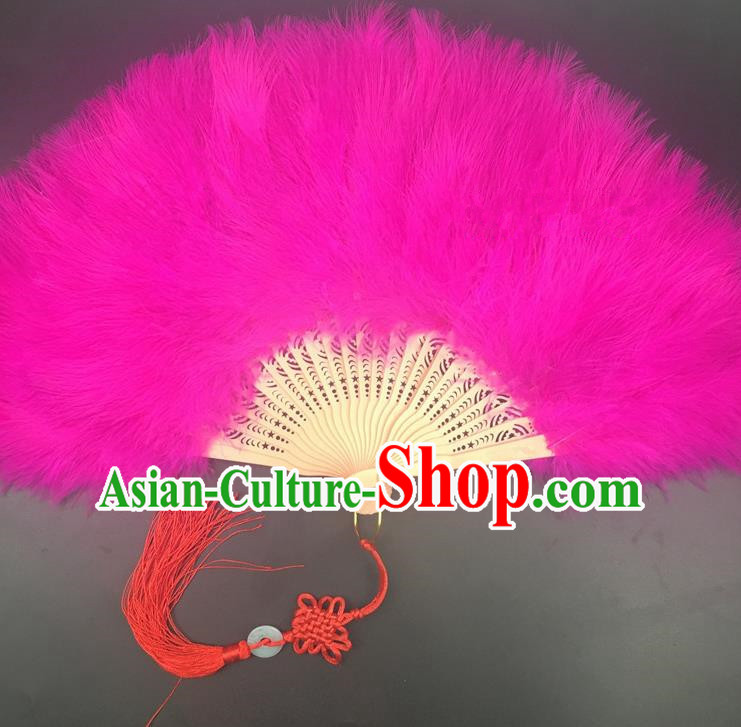 Traditional Chinese Crafts Rosy Feather Folding Fan China Folk Dance Feather Fans