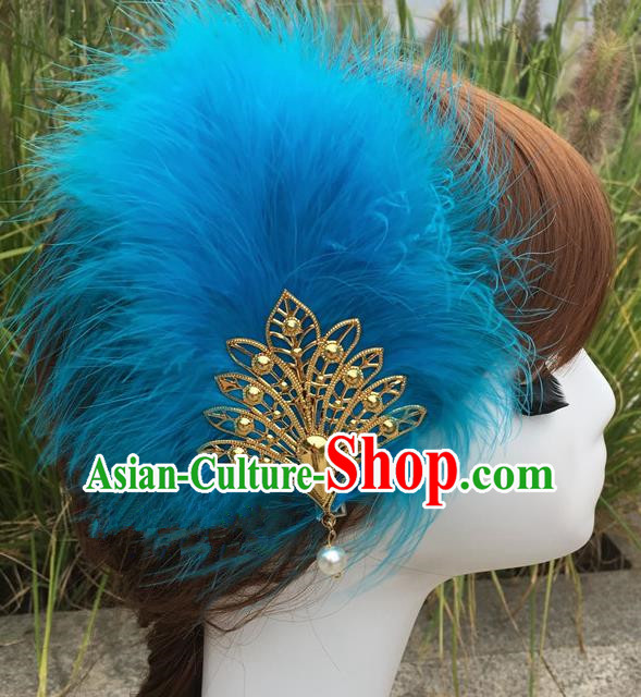 Traditional Chinese Bride Hair Accessories Folk Dance Blue Feather Hair Stick for Kids