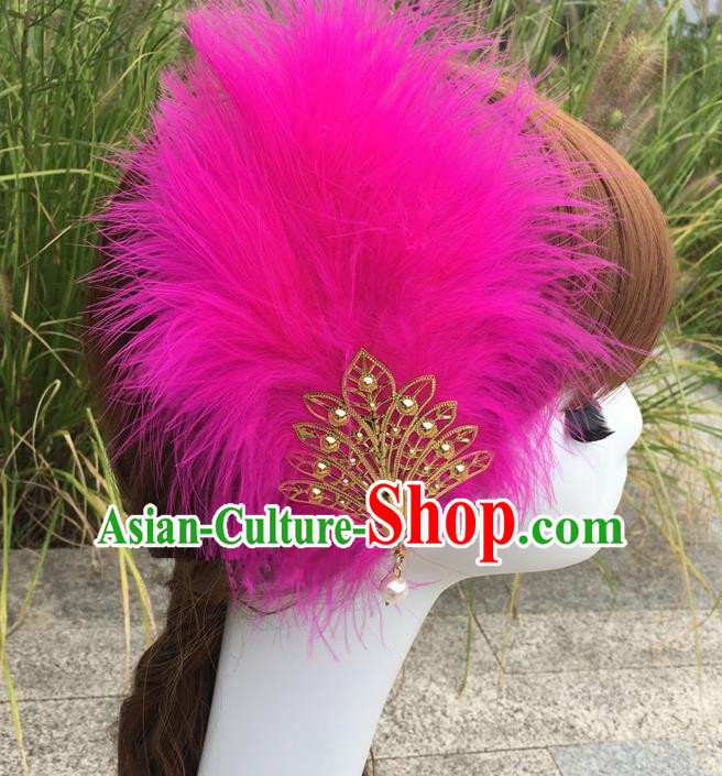 Traditional Chinese Bride Hair Accessories Folk Dance Fushcia Feather Hair Stick for Kids