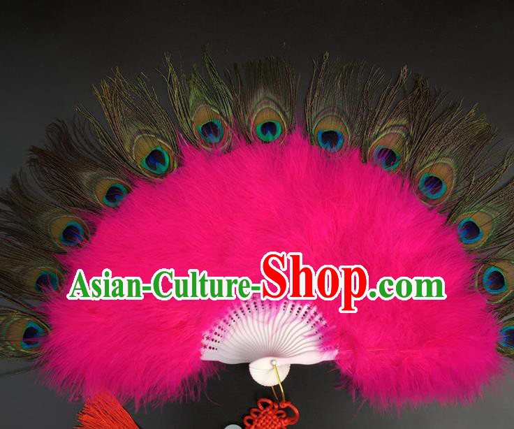 Traditional Chinese Crafts Peacock Feather Folding Fan China Folk Dance Rosy Feather Fans