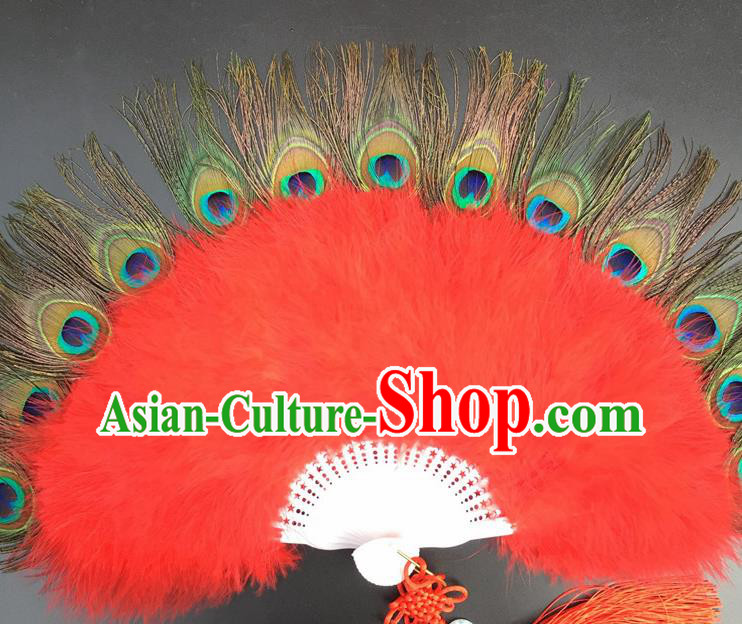 Traditional Chinese Crafts Peacock Feather Folding Fan China Folk Dance Red Feather Fans