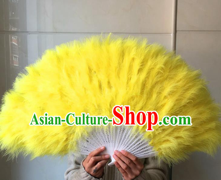 Traditional Chinese Crafts Folding Fan China Folk Dance Yellow Feather Fans