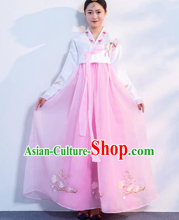 Top Grade Korean Traditional Costumes Asian Korean Hanbok Bride White Blouse and Pink Skirt for Women