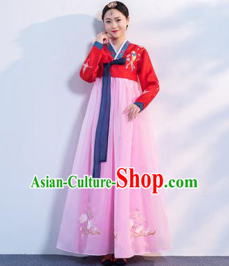 Top Grade Korean Traditional Costumes Asian Korean Hanbok Bride Red Blouse and Pink Skirt for Women