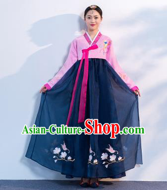 Top Grade Korean Traditional Costumes Asian Korean Hanbok Bride Pink Blouse and Navy Skirt for Women